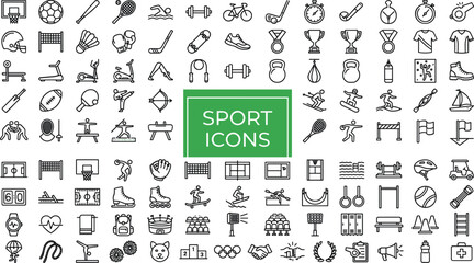 Massive bundle of linear sport icons featuring championship gear gym equipment outdoor games tournament trophies and athletic symbols © MdRakib