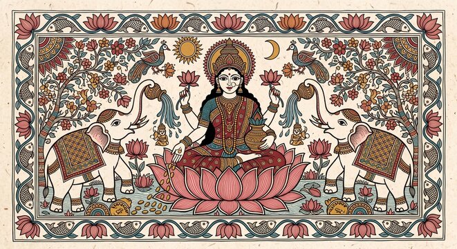 Goddess Lakshmi Madhubani folk art painting with elephants and lotus