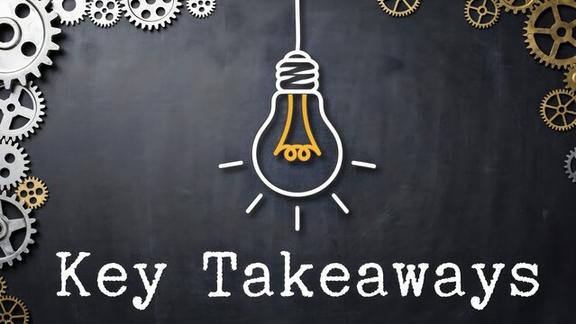 Key takeaways concept with light bulb icon and gears on a dark chalkboard background