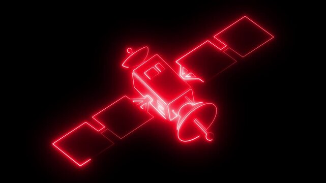 Neon red satellite orbiting in deep space, futuristic digital communication technology concept