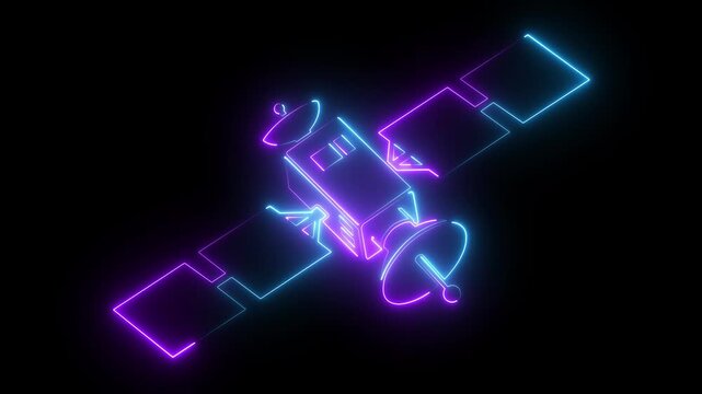 Neon glowing satellite orbiting in deep space, futuristic cyberpunk technology animation