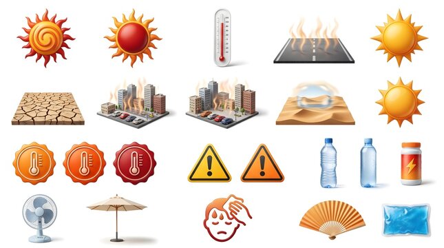 Heatwave and global warming icons set, 25 3D weather elements for extreme heat, climate change and sun safety concepts on white background
