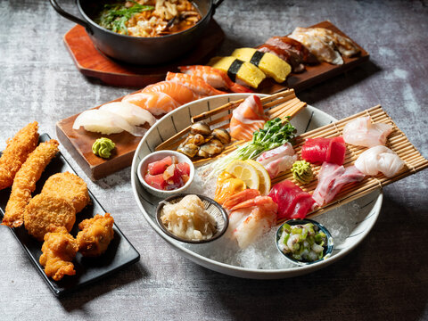 Various sashimi and sushi, Japanese set menus