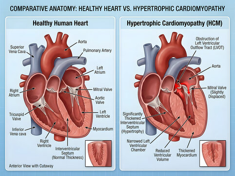 Healthy vs hypertrophic cardiomyopathy heart anatomy comparison