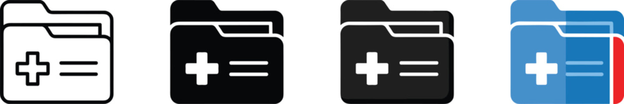 Medical record folder icon set featuring patient health documents history and clinical data storage in various vector styles