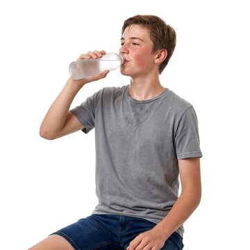 Thirsty teenage boy drinking water from clear bottle, active youth staying hydrated, healthy teenager in grey t-shirt drinking fresh mineral water