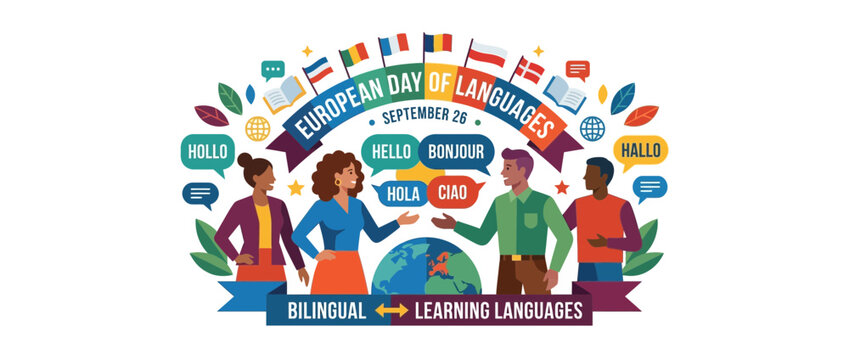 Diverse people celebrating multilingualism and language learning