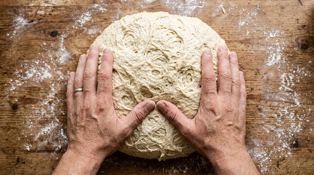 Baker hands kneading raw bread dough on wooden surface