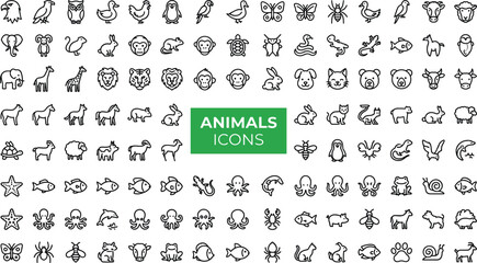 Mega bundle of linear animal icons containing domestic pets wild wildlife creatures birds insects and marine sea life symbols © MdRakib