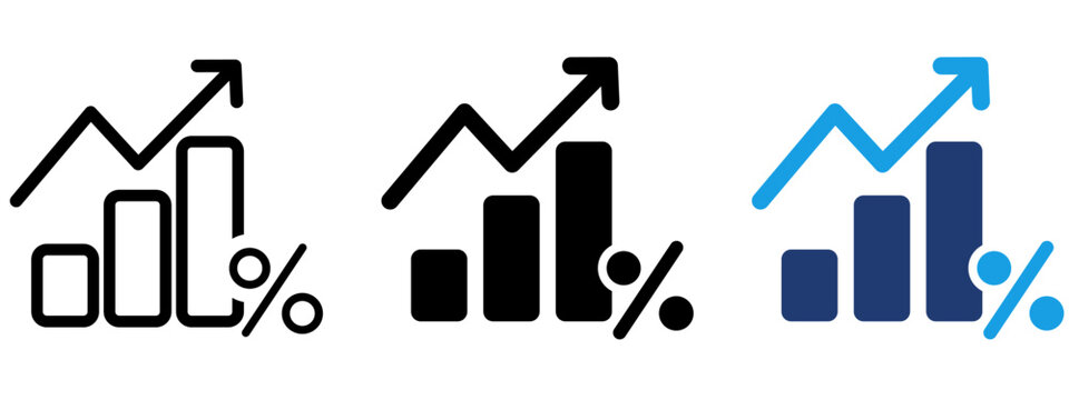 Bar chart icon with rising arrow and percentage sign. Symbol of financial growth, market analysis, business profit, percentage increase, performance metrics, stats, success and data visualization.