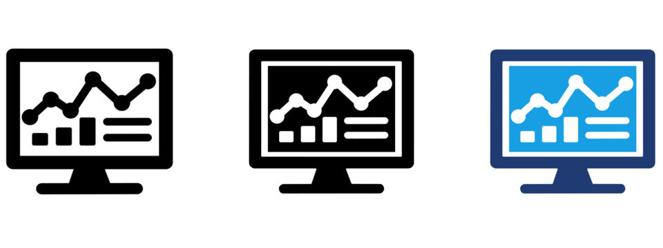 Dashboard analytics icon on computer screen. Symbol of data visualization, business reporting, performance metrics, financial chart, monitoring, research, dashboard metrics and business intelligence.