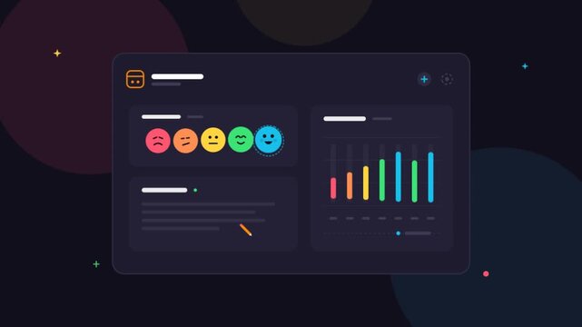 Customer feedback dashboard with colorful emoji rating scale. Data visualization interface featuring bar charts and user satisfaction metrics on dark background.