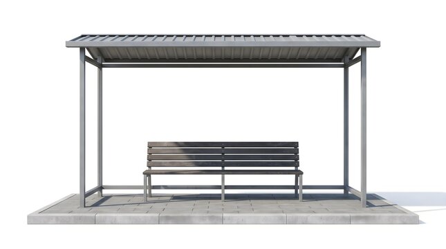 Modern bus stop shelter with wooden bench, minimalist public transport station on white background, urban transit infrastructure and street furniture