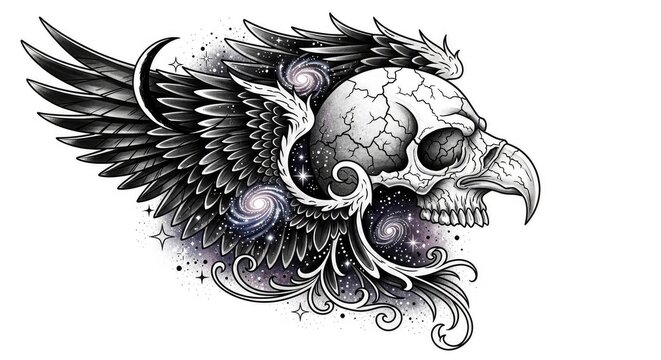 Dramatic vulture skull with wings spread in flight. Gothic bird skeleton illustration for dark fantasy and horror designs.