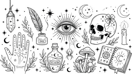Mystical witchy element collection featuring palmistry hand evil eye skull magic spellbook crystal and elixir potion vector © MdRakib