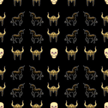 Dark gothic seamless pattern with gold unicorn silhouette, viking horned helmet and human skull on black background. Mystic dark fantasy vector design.