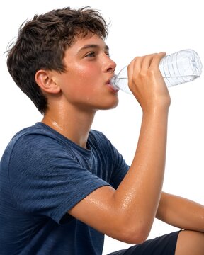 Thirsty teenage boy drinking water from plastic bottle, sweaty young athlete hydrating after workout, healthy youth lifestyle on white background