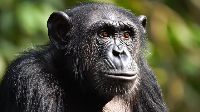 Close-up of a chimpanzees face, showcasing its expressive features and intelligent gaze in a natural habitat.