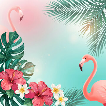 Tropical background with pink flamingos and hibiscus flowers amidst lush palm leaves creating summer vacation paradise frame for holiday advertising.