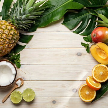 Tropical fruit border with pineapple mango coconut and orange slices on light wood table background with green palm leaves for healthy summer concept.