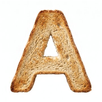 Crispy golden brown bread slice shaped like the letter A on white background
