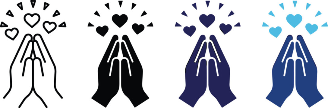 Praying hands with radiating heart shapes vector icon set symbolizing hope gratitude empathy faith care charity and spiritual devotions