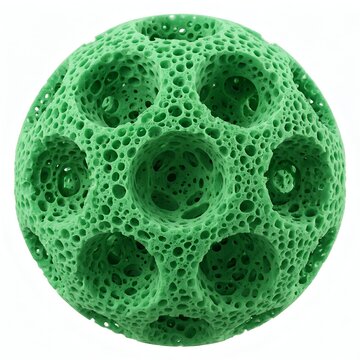 Highly detailed 3D green porous sphere with intricate cavities and textured surface
