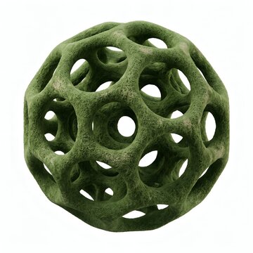 Intricate green geometric lattice sphere with porous cavities and complex 3D structure