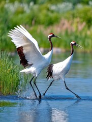 Obraz premium Two elegant cranes gracefully move through a serene waterway. Their beautiful plumage stands out against lush green surroundings. The scene captures the essence of nature and tranquility. AI