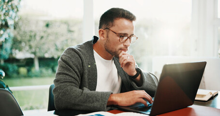 Plakat Freelancer, man and thinking with laptop in home for source finding, audit accuracy and decision. Remote work, accountant and reflection with tech for financial reporting, tax preparation and insight
