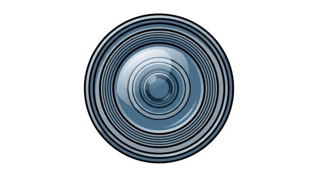 A detailed illustration of a camera lens aperture with concentric rings and a central focal point