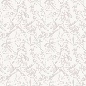 Hand drawn botanical textile pattern design in light beige for fashion and home textiles