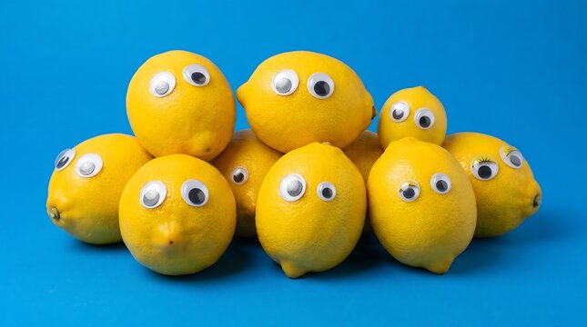 Whimsical fresh yellow lemons with funny googly eyes