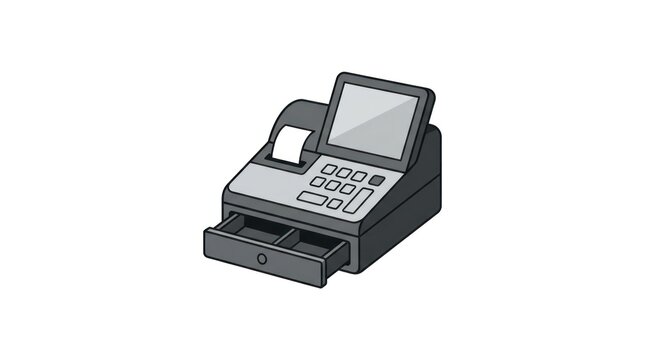 Illustration of a cash register with an open drawer and receipt paper on a white background