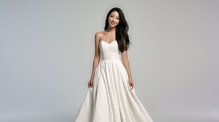 Fototapeta premium A smiling Asian woman stands in a white strapless gown against a pale gray studio background. The full-body and full length view shows a wide skirt.