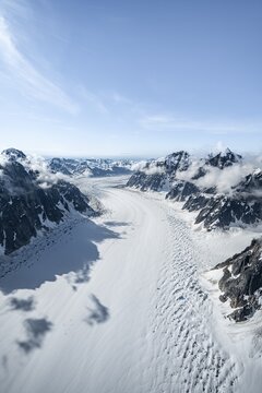 Ruth Glacier, epic mountains with large valley glacier, aerial view, Alaska Range, Denali National Park, Alaska, USA