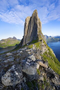 Iconic mountain Segla, mountain landscape at Medfjorden fjord, Senja island, Troms, Norway