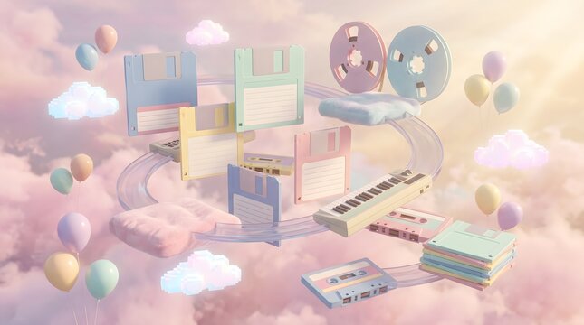 Retro floppy disks and cassette tapes floating in sky