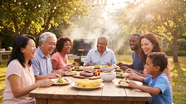 Diverse multi generational family at backyard table barbecue