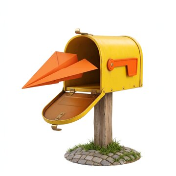 Bright yellow mailbox with orange paper airplane emerging from its open slot on a wooden post