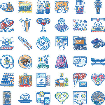 Doodle icons depicting various concepts including technology, medicine, nature, food, business, lifestyle, and global issues, all rendered in a vibrant, crayon like sketching style