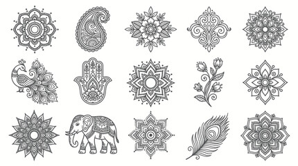 Fototapeta premium Mehndi Outline Icon Set with Mandala, Paisley, Peacock, Elephant, Hamsa Hand and Floral Decorative Elements Vector Collection