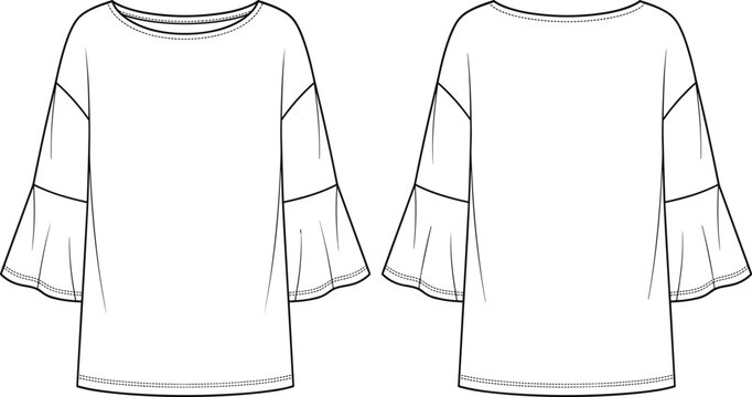 Technical flat sketch of a women tunic blouse featuring boat neckline and bell sleeves