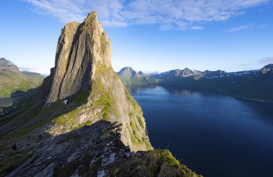 Iconic mountain Segla, mountain landscape at Medfjorden fjord, evening light at sunset, Senja island, Troms, Norway