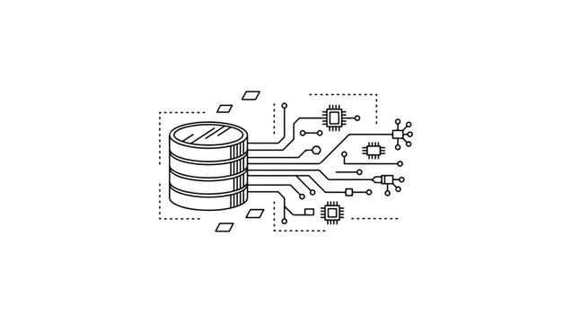 Big data database connected with artificial intelligence circuits, monochrome vector illustration, isolated on white background