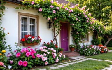 Fototapeta premium Charming house entrance with purple door surrounded by lush blooming pink and red flowers and greenery.