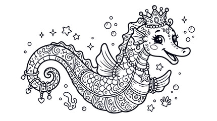Cute Royal Seahorse with Crown and Jewelry Black Outline Vector Illustration for Coloring Book and Marine Fantasy Design © suka