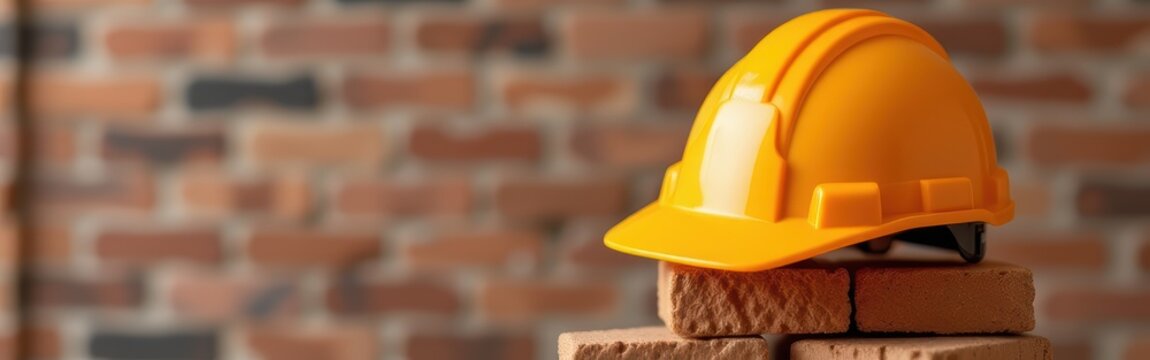 Yellow safety helmet resting on stacked bricks with a blurred brick wall background.