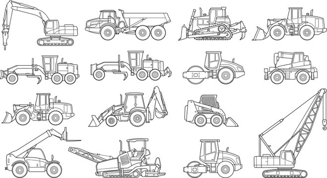 Heavy construction machinery and industrial equipment line art icon set featuring excavator bulldozer crane and trucks