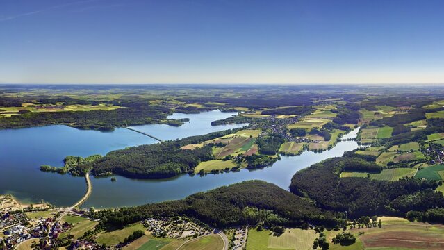 Aerial view, left Gro&szlig;er Brombachsee, right back Kleiner Brombachsee, right front Igelsbachsee, behind peninsula with Griesbruck and Markt Absberg, left in front Enderndort am See, reservoir, still water, surrounding area, recreation area, Weissenburg-Gunzenhausen district, Middle Franconia, Franconia, Bavaria Germany